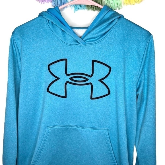 Under Armour Big Logo Blue Pullover Fleece Hoodie Hooded Sweatshirt Size Medium - Picture 8 of 14